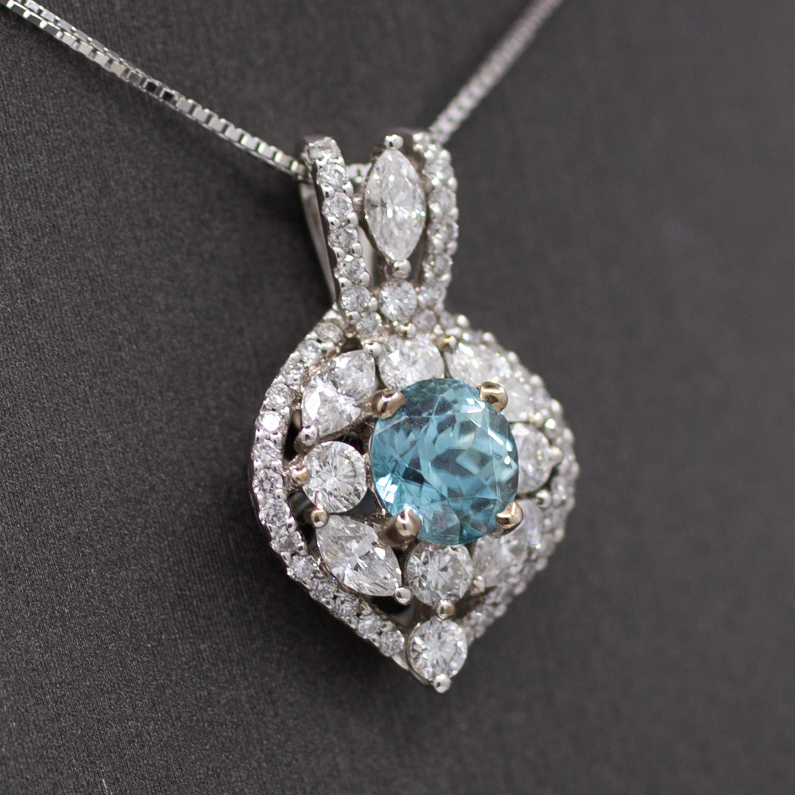 Sparkling Blue Zircon and Diamond Pendant Necklace in 14k White Gold