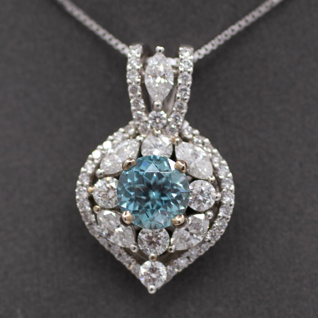 Sparkling Blue Zircon and Diamond Pendant Necklace in 14k White Gold