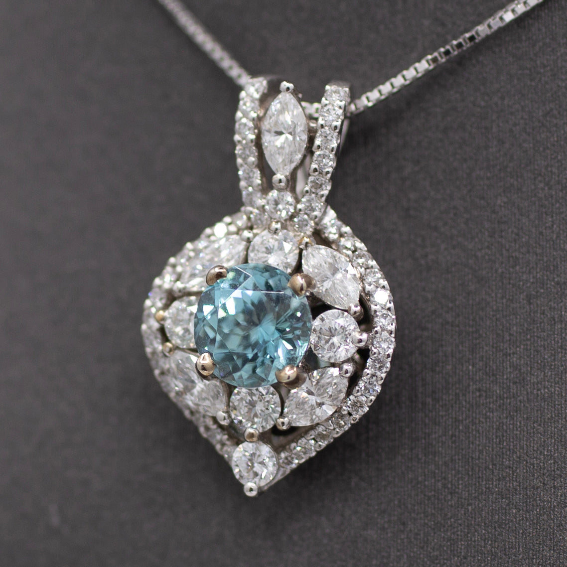 Sparkling Blue Zircon and Diamond Pendant Necklace in 14k White Gold