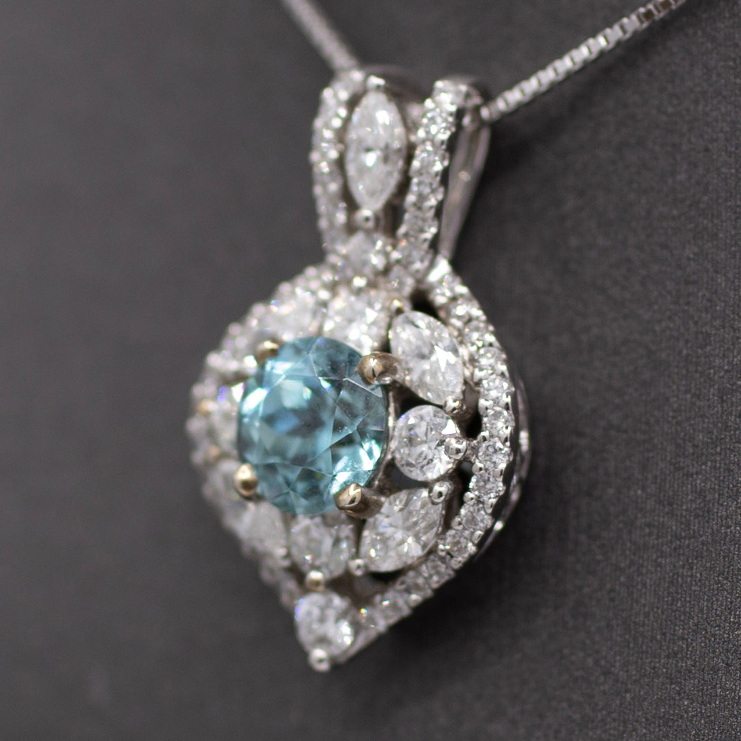 Sparkling Blue Zircon and Diamond Pendant Necklace in 14k White Gold