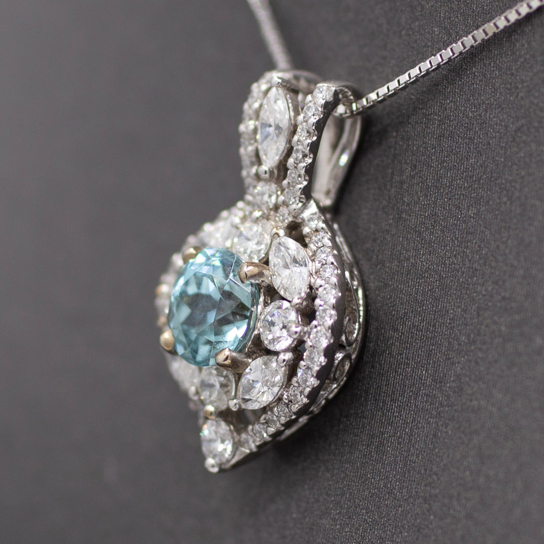Sparkling Blue Zircon and Diamond Pendant Necklace in 14k White Gold