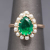 Victorian Pear Cut Natural Emerald and Pearl Halo Ring in 10k Yellow Gold