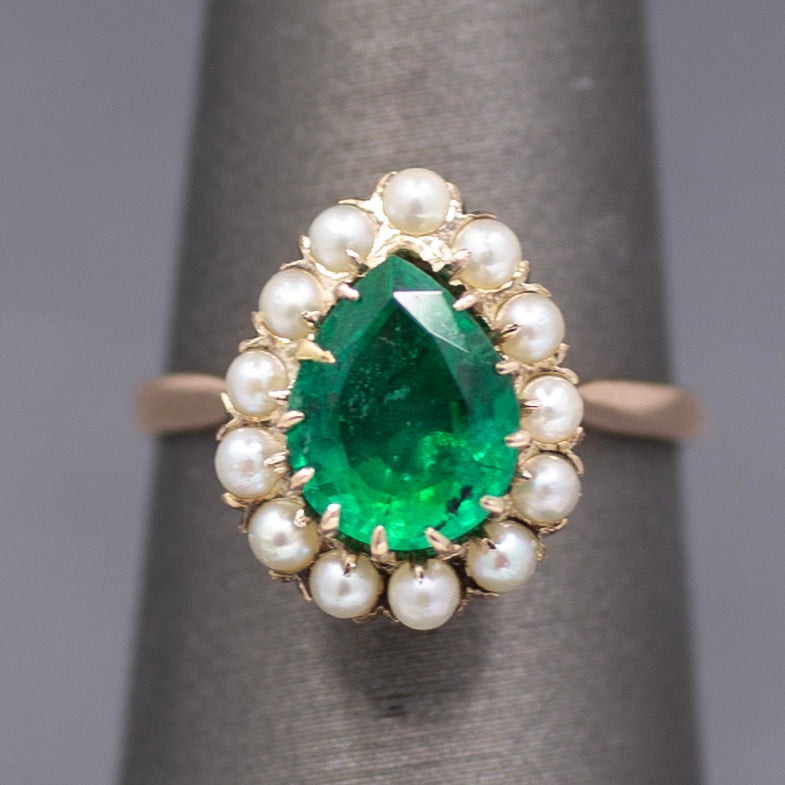 Victorian Pear Cut Natural Emerald and Pearl Halo Ring in 10k Yellow Gold