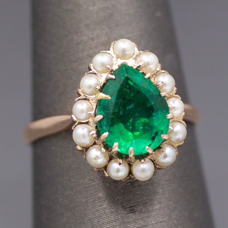 Victorian Pear Cut Natural Emerald and Pearl Halo Ring in 10k Yellow Gold