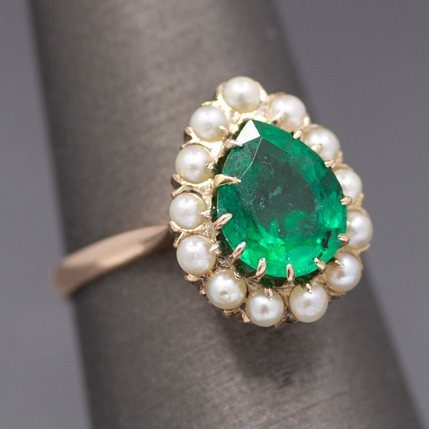 Victorian Pear Cut Natural Emerald and Pearl Halo Ring in 10k Yellow Gold