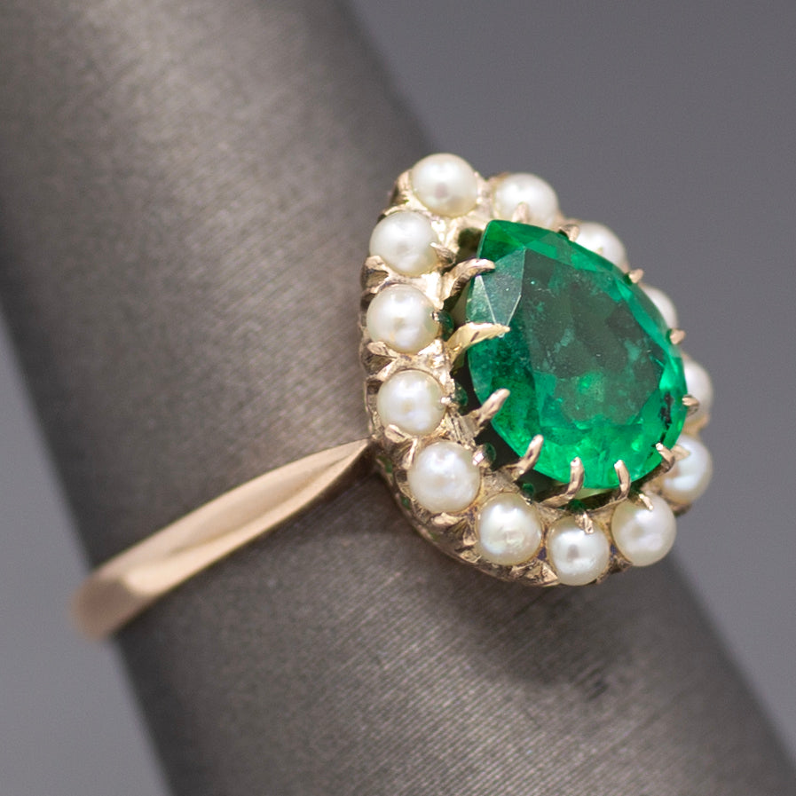 Victorian Pear Cut Natural Emerald and Pearl Halo Ring in 10k Yellow Gold