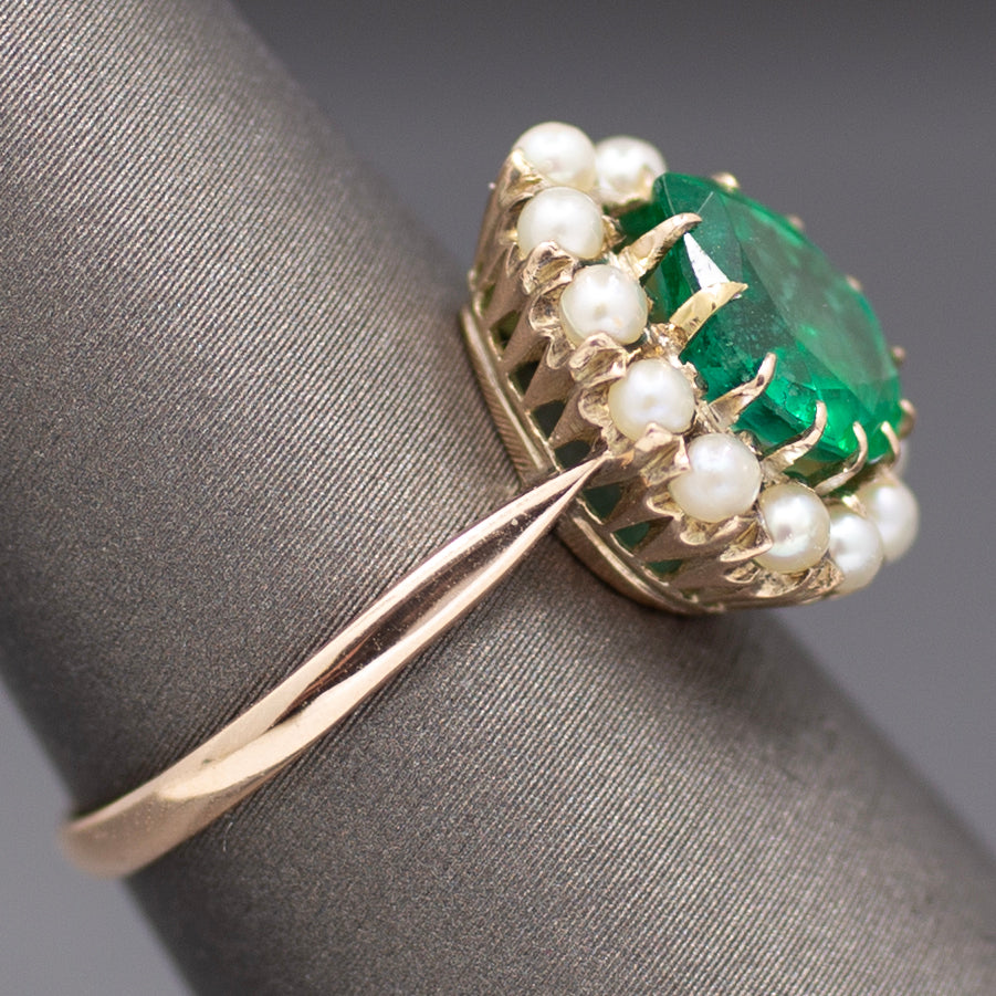 Victorian Pear Cut Natural Emerald and Pearl Halo Ring in 10k Yellow Gold