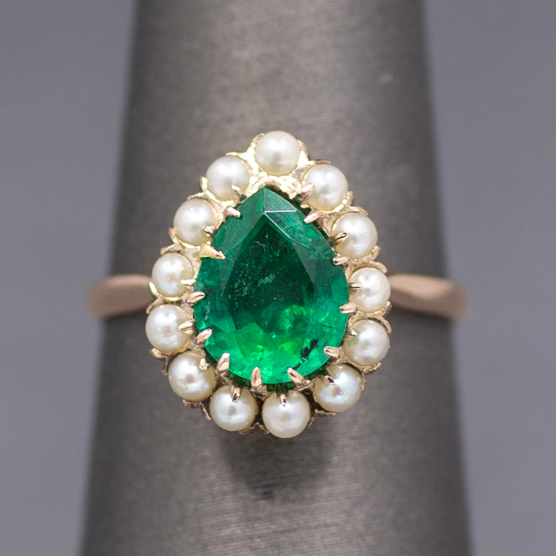 Victorian Pear Cut Natural Emerald and Pearl Halo Ring in 10k Yellow Gold