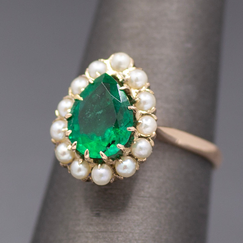 Victorian Pear Cut Natural Emerald and Pearl Halo Ring in 10k Yellow Gold