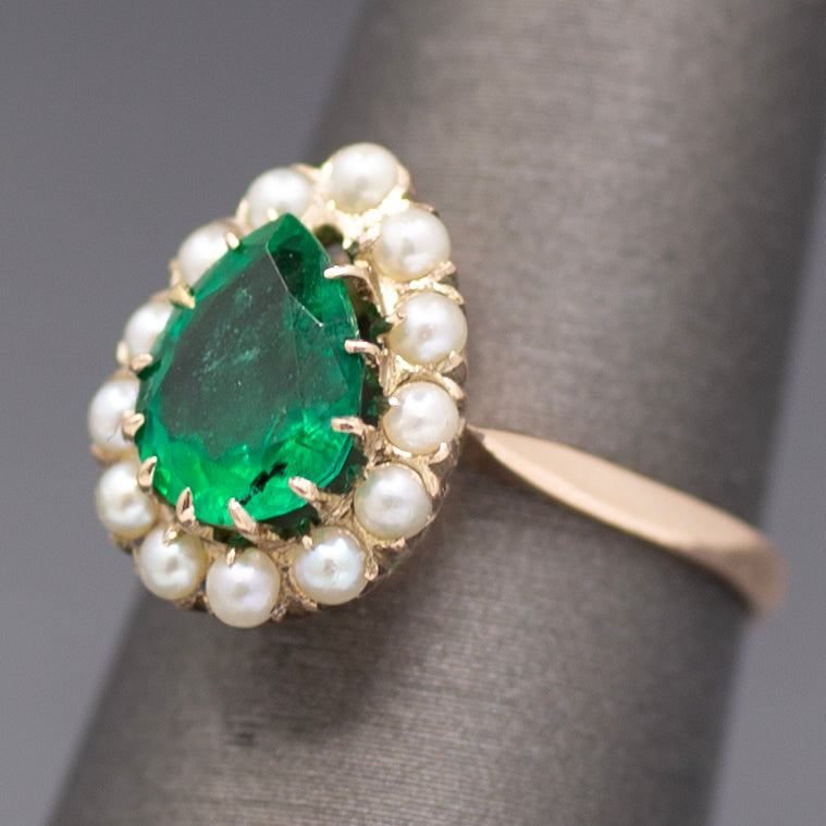 Victorian Pear Cut Natural Emerald and Pearl Halo Ring in 10k Yellow Gold