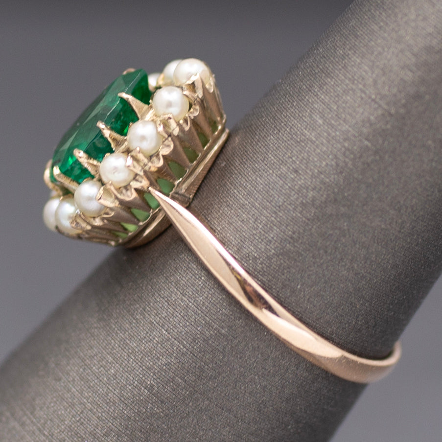 Victorian Pear Cut Natural Emerald and Pearl Halo Ring in 10k Yellow Gold