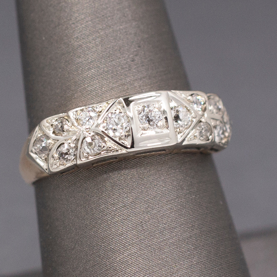 Late Art Deco Old European Cut Diamond Wedding Band Ring in 14k