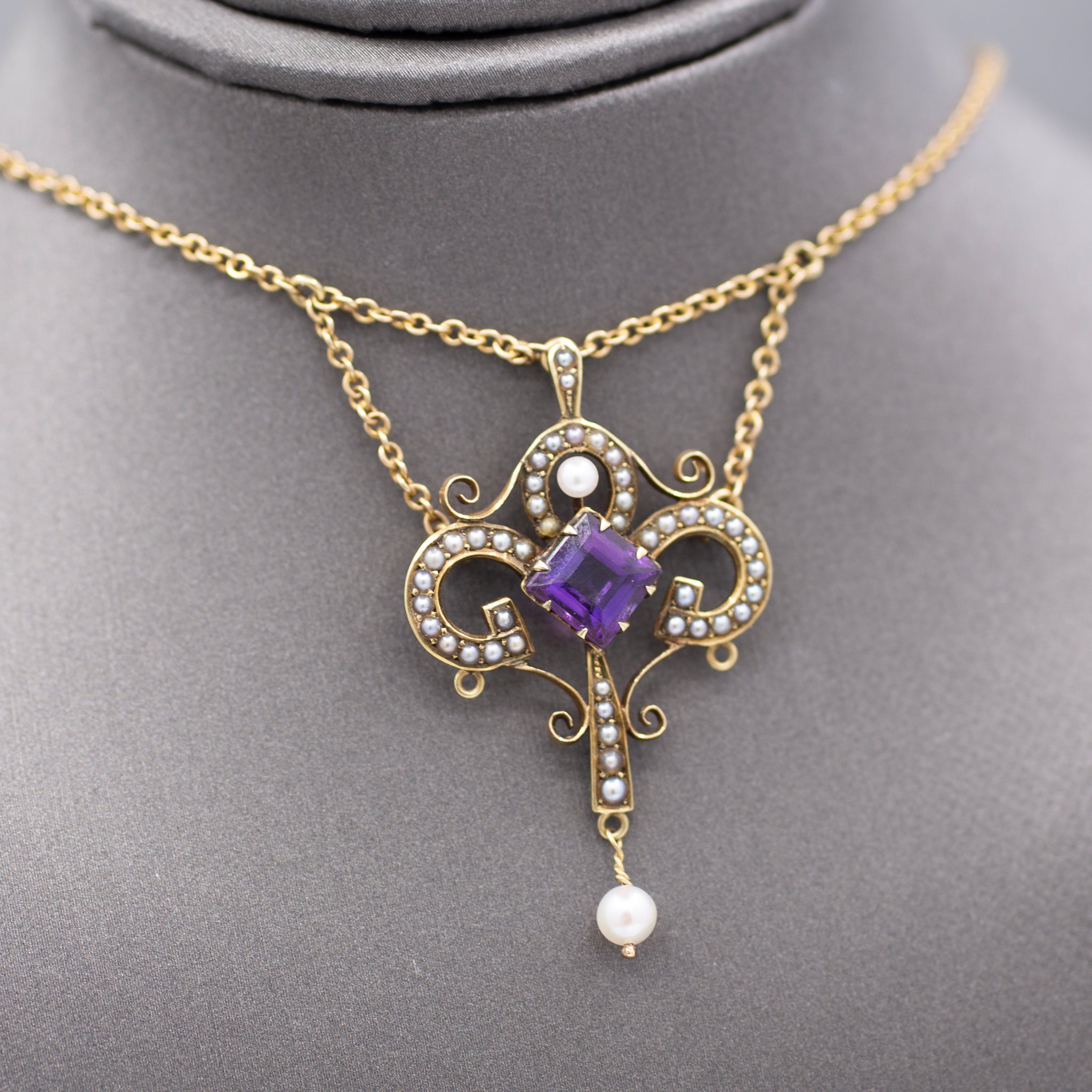 Victorian Amethyst and Seed Pearl Pendant Necklace in 14k Yellow Gold