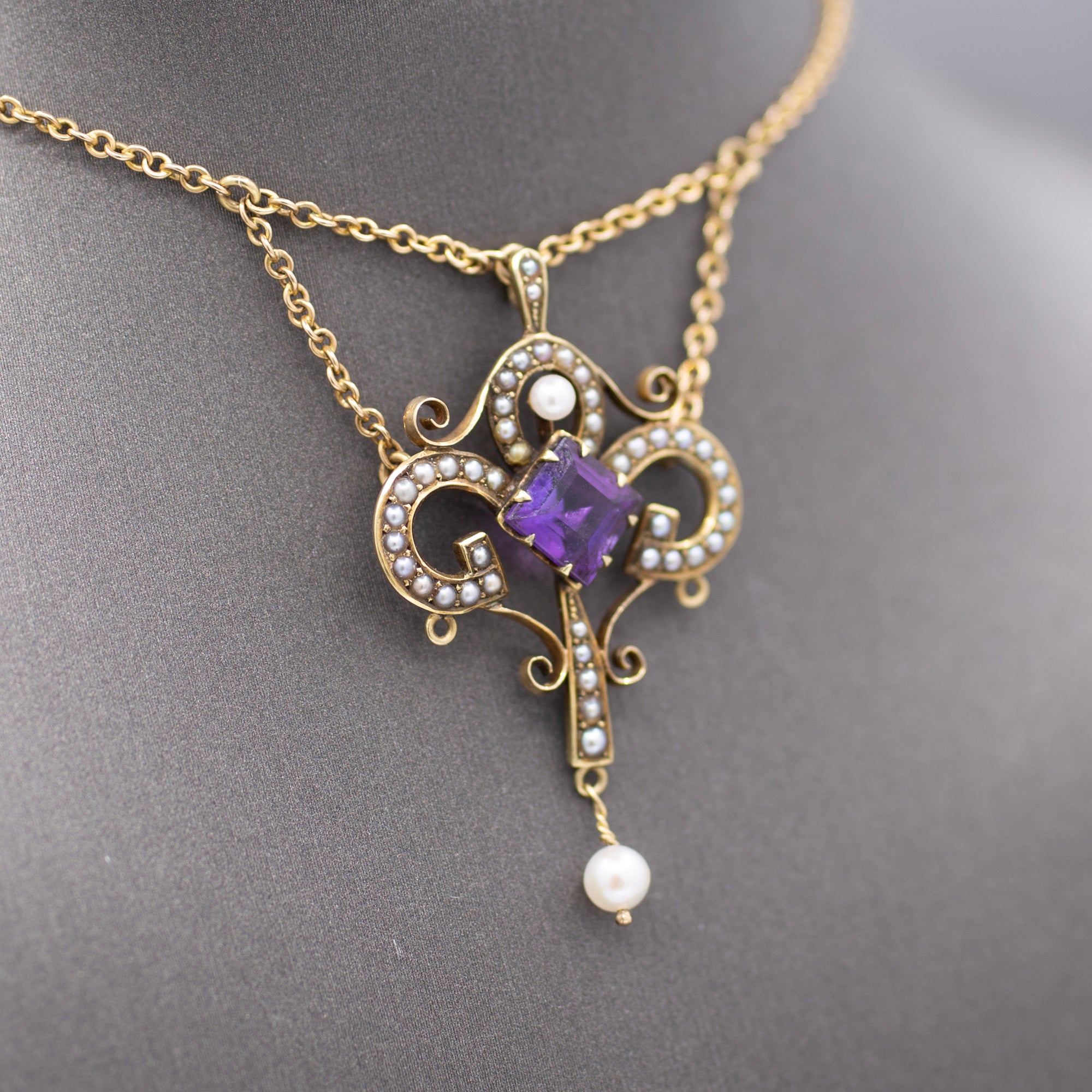 Victorian Amethyst and Seed Pearl Pendant Necklace in 14k Yellow Gold
