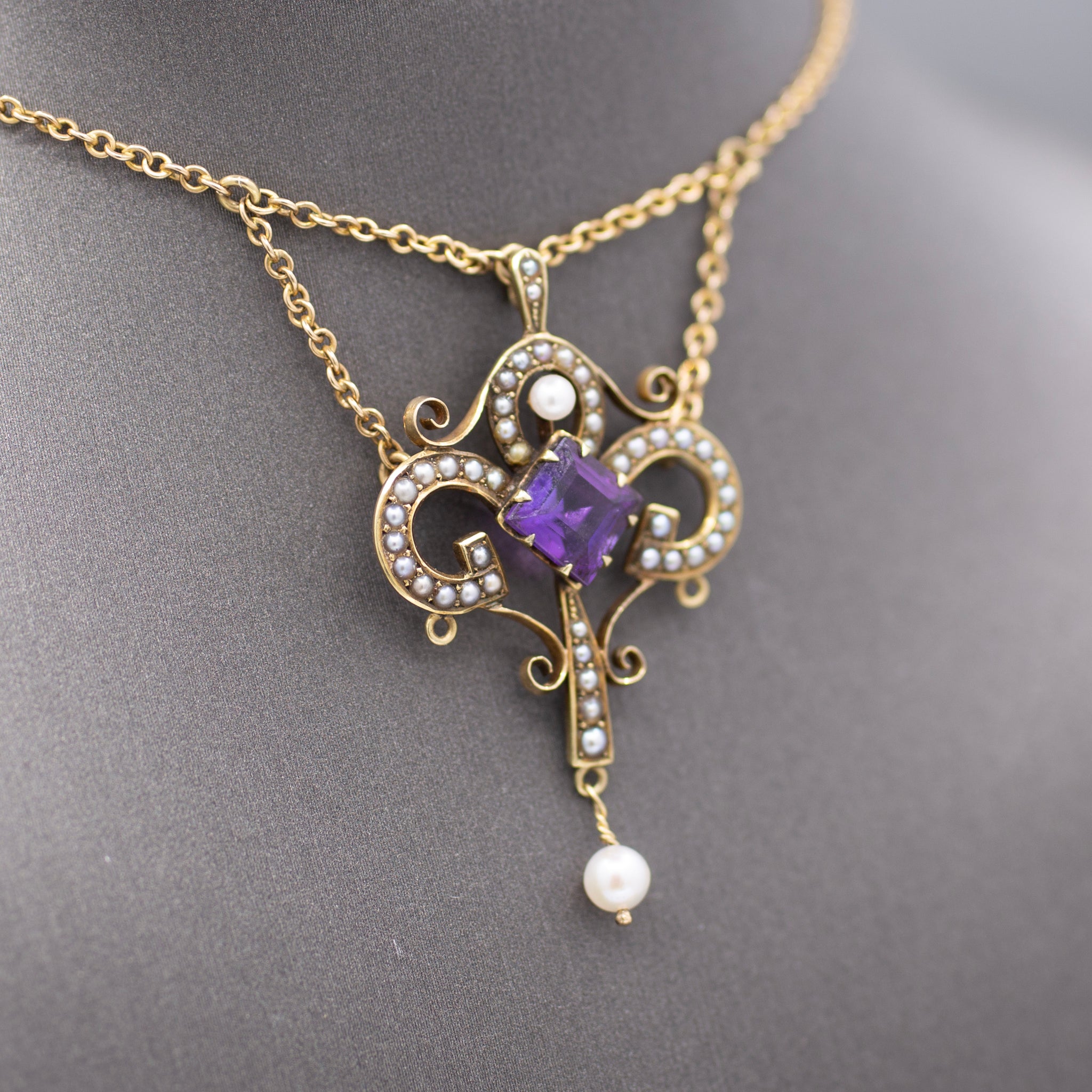 Victorian Amethyst and Seed Pearl Pendant Necklace in 14k Yellow Gold