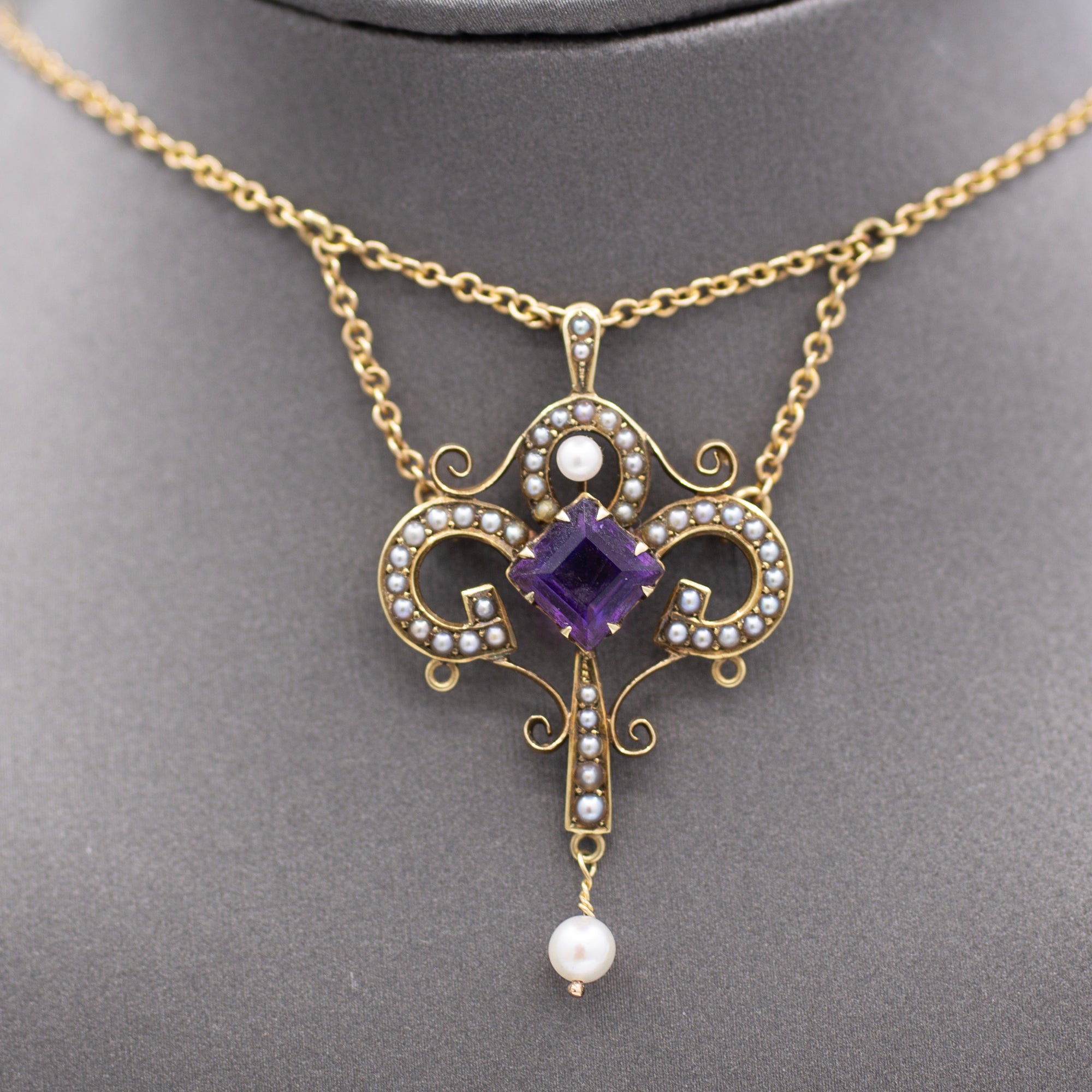 Victorian Amethyst and Seed Pearl Pendant Necklace in 14k Yellow Gold