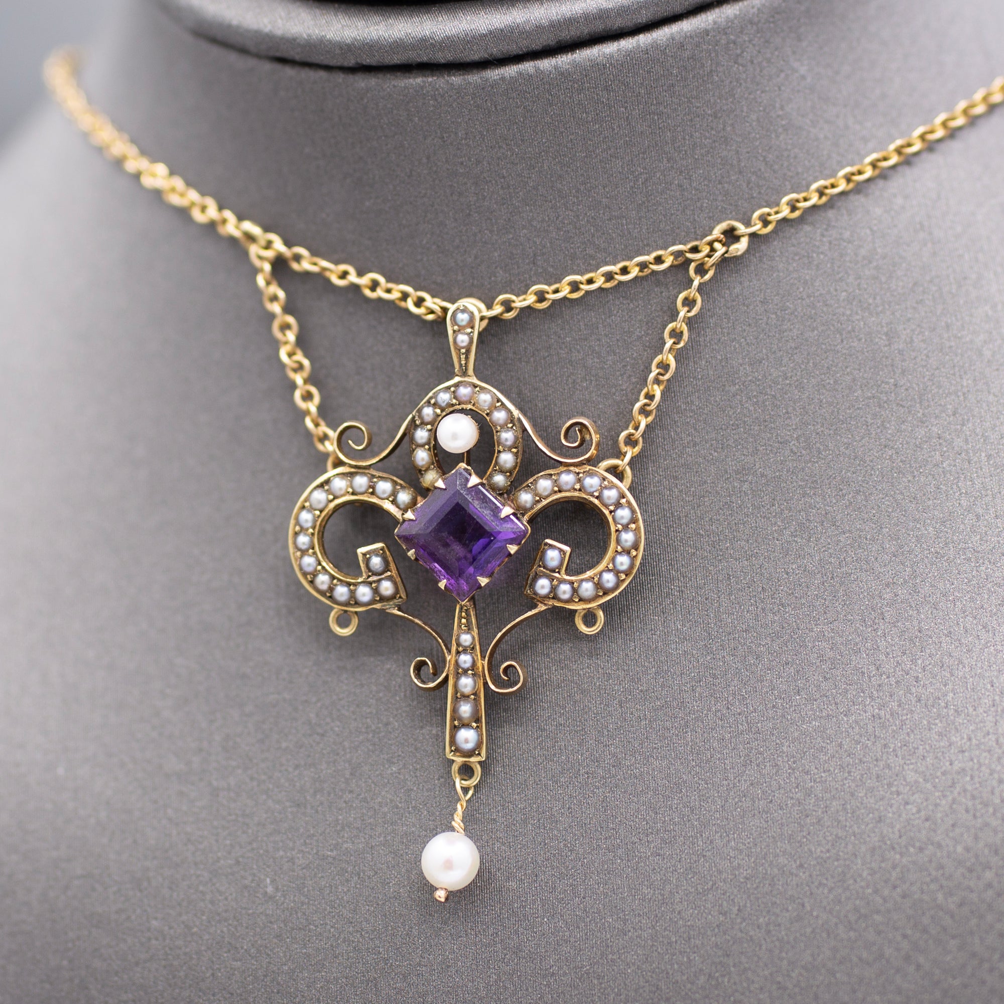 Victorian Amethyst and Seed Pearl Pendant Necklace in 14k Yellow Gold