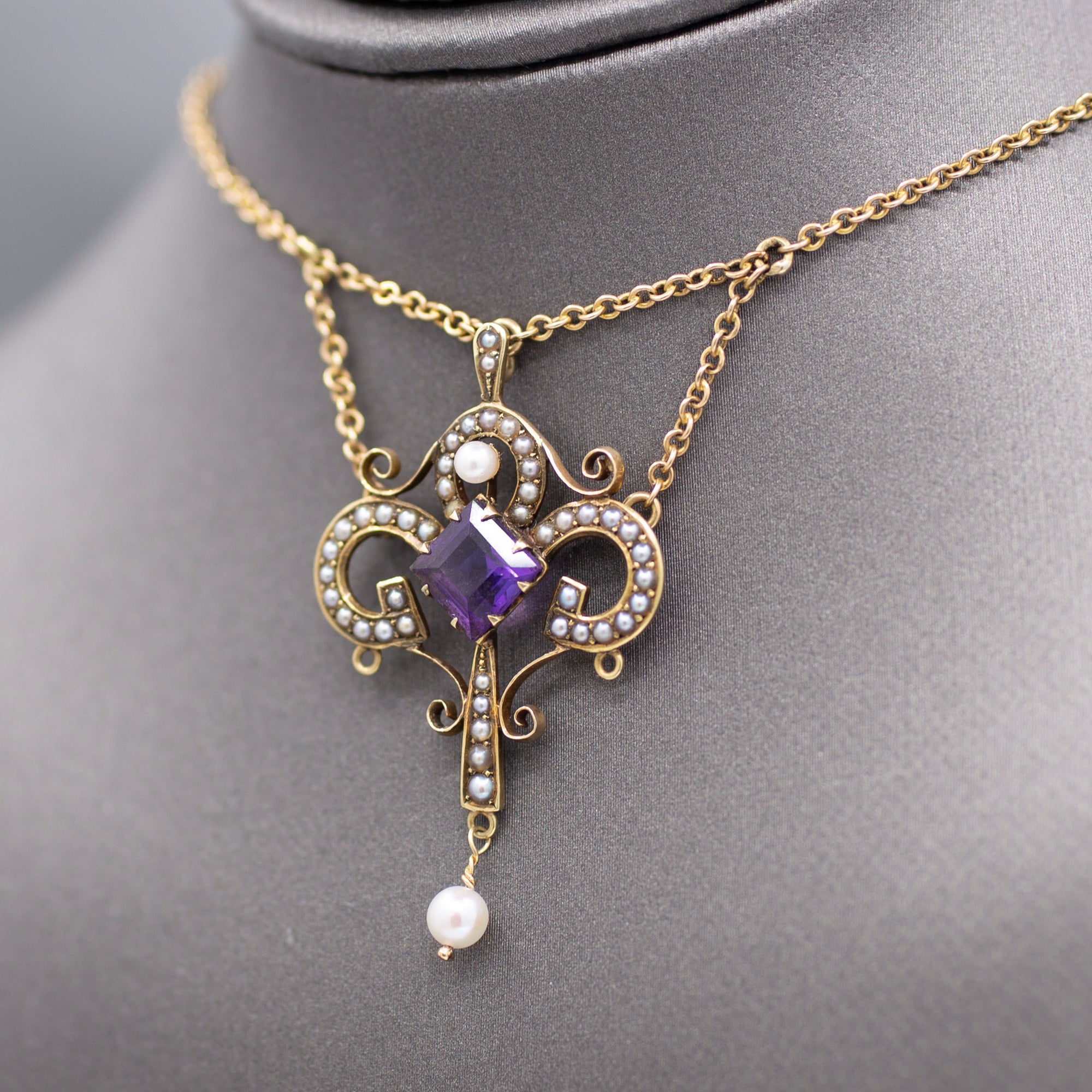 Victorian Amethyst and Seed Pearl Pendant Necklace in 14k Yellow Gold