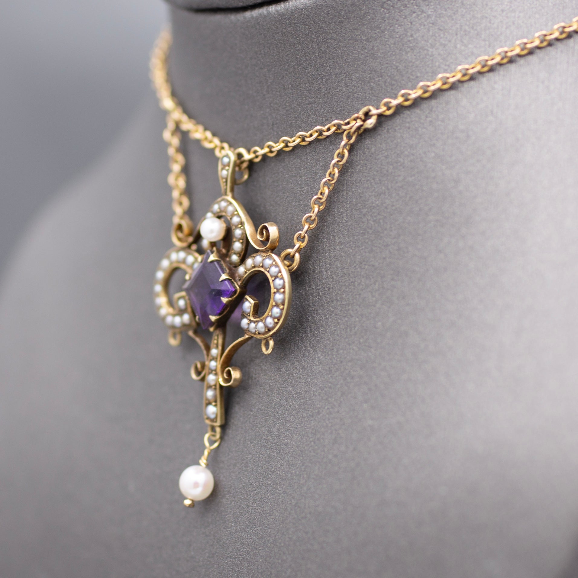Victorian Amethyst and Seed Pearl Pendant Necklace in 14k Yellow Gold
