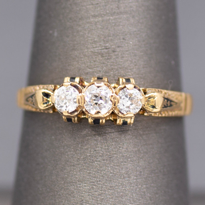 Victorian Old European Cut Diamond Three Stone Engagement Ring in 18k Yellow Gold