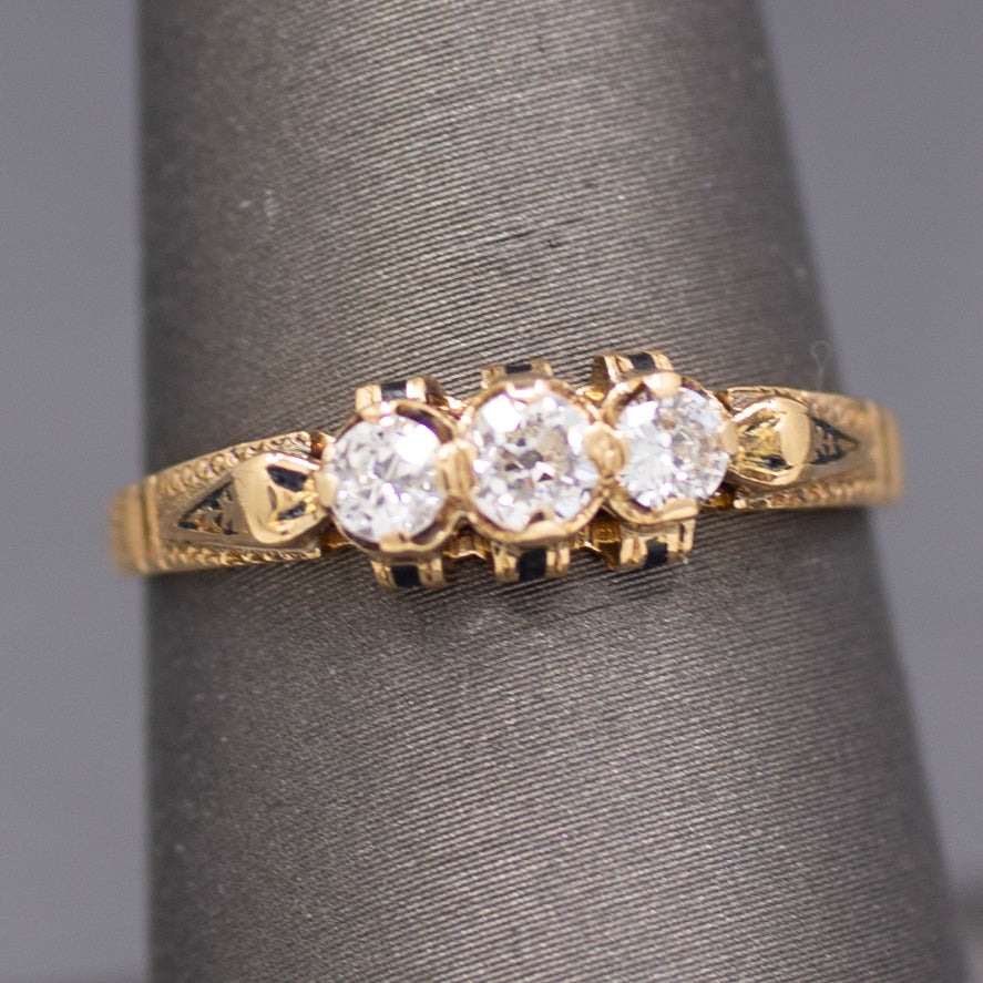 Victorian Old European Cut Diamond Three Stone Engagement Ring in 18k Yellow Gold