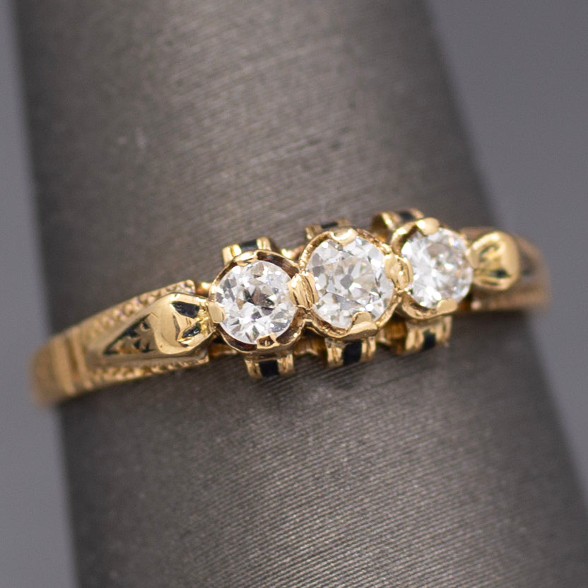 Victorian Old European Cut Diamond Three Stone Engagement Ring in 18k Yellow Gold