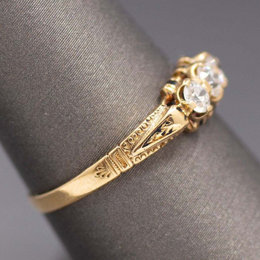 Victorian Old European Cut Diamond Three Stone Engagement Ring in 18k Yellow Gold