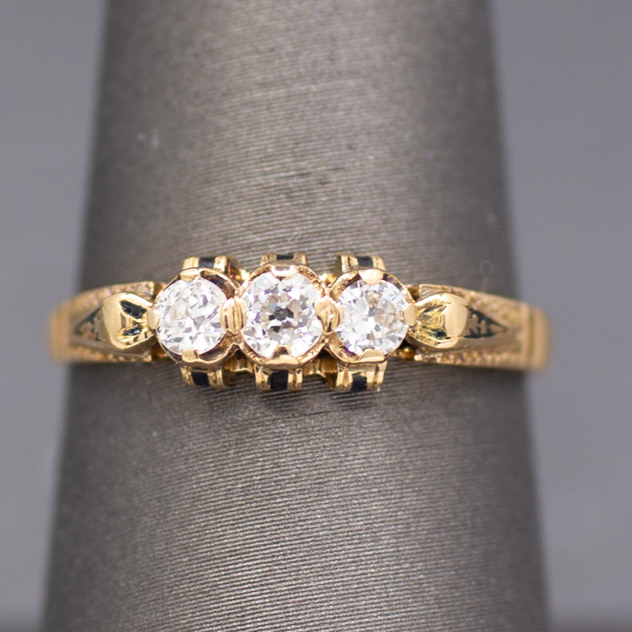 Victorian Old European Cut Diamond Three Stone Engagement Ring in 18k Yellow Gold