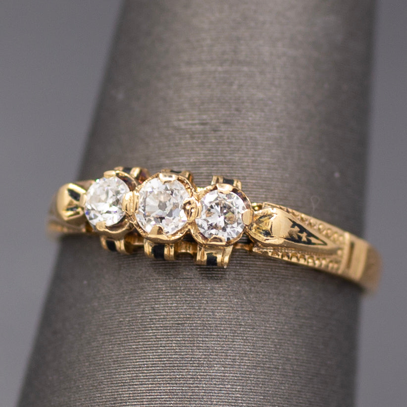 Victorian Old European Cut Diamond Three Stone Engagement Ring in 18k Yellow Gold