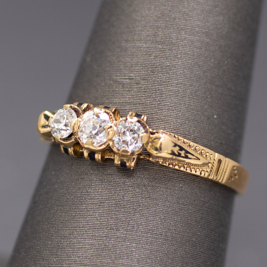 Victorian Old European Cut Diamond Three Stone Engagement Ring in 18k Yellow Gold