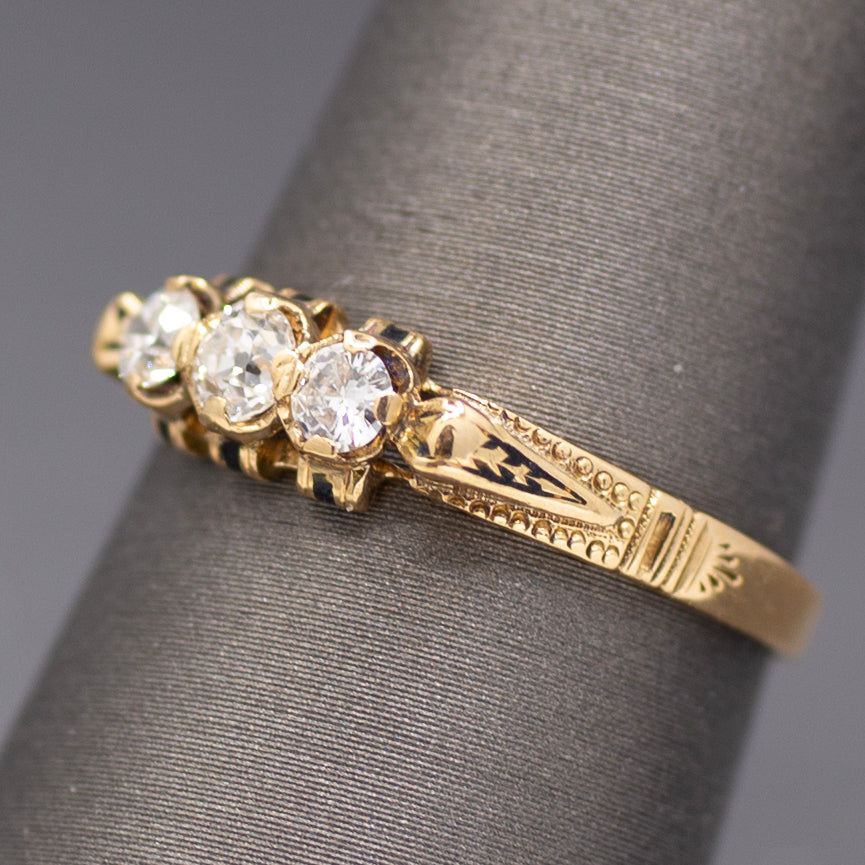 Victorian Old European Cut Diamond Three Stone Engagement Ring in 18k Yellow Gold
