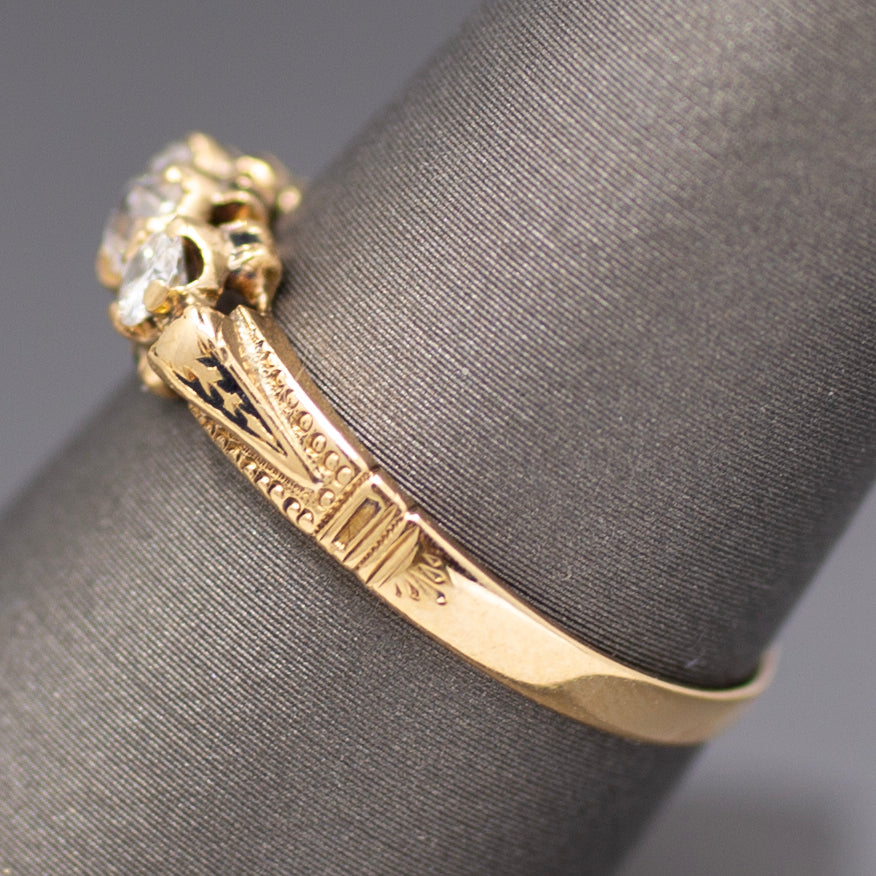 Victorian Old European Cut Diamond Three Stone Engagement Ring in 18k Yellow Gold