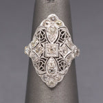 Lacy Art Deco Old Mine Cut Diamond Filigree Navette Ring in Platinum