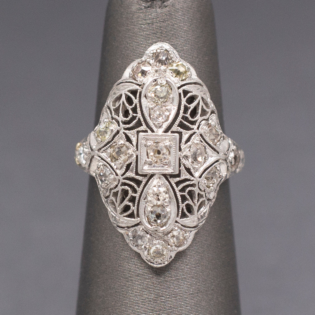 Lacy Art Deco Old Mine Cut Diamond Filigree Navette Ring in Platinum