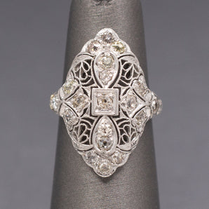 Lacy Art Deco Old Mine Cut Diamond Filigree Navette Ring in Platinum