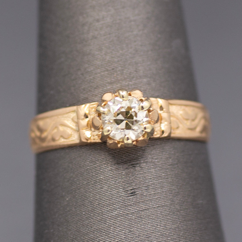 Victorian Old European Cut Diamond Engagement Ring Engraved in 14k Rosy Gold