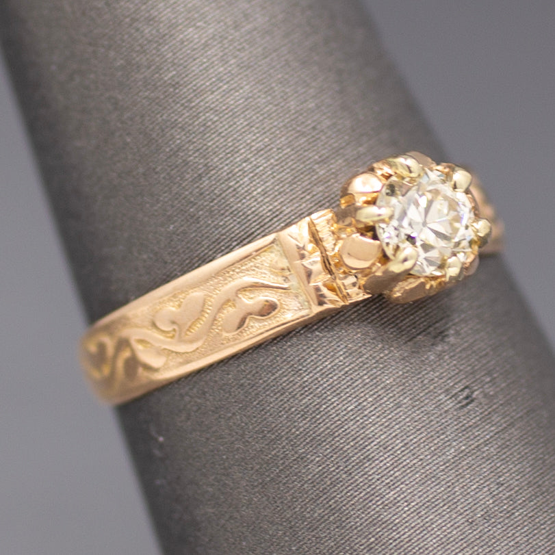 Victorian Old European Cut Diamond Engagement Ring Engraved in 14k Rosy Gold