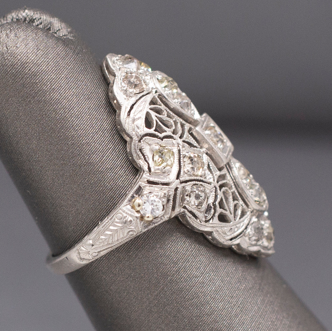 Lacy Art Deco Old Mine Cut Diamond Filigree Navette Ring in Platinum