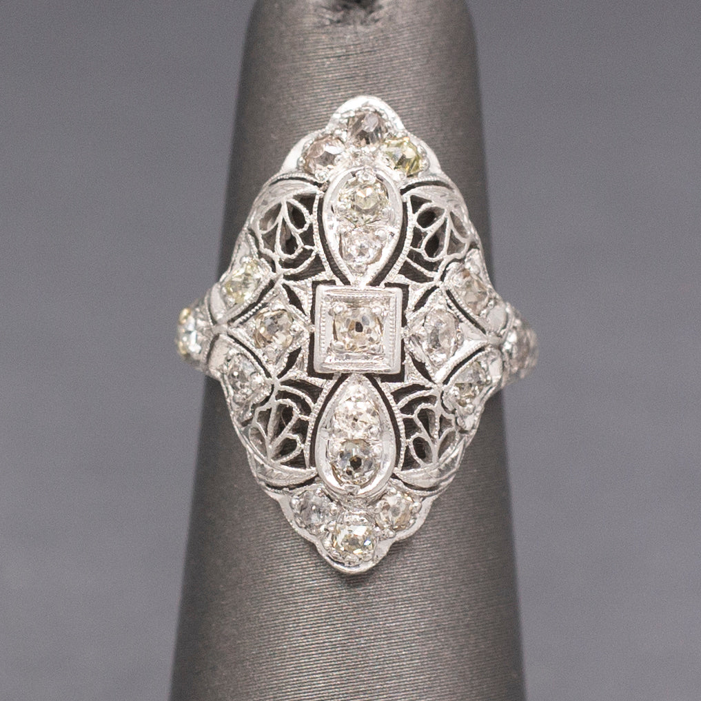 Lacy Art Deco Old Mine Cut Diamond Filigree Navette Ring in Platinum