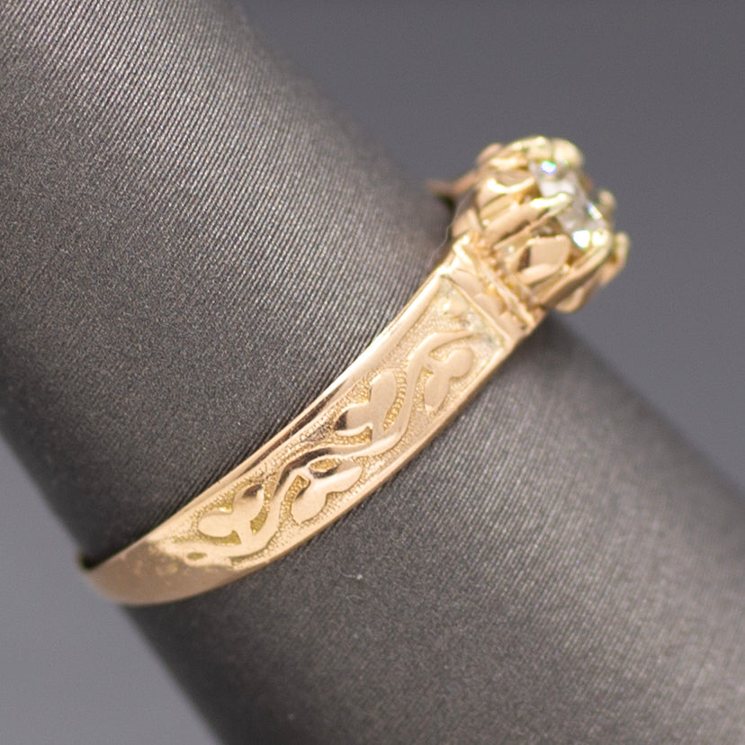 Victorian Old European Cut Diamond Engagement Ring Engraved in 14k Rosy Gold