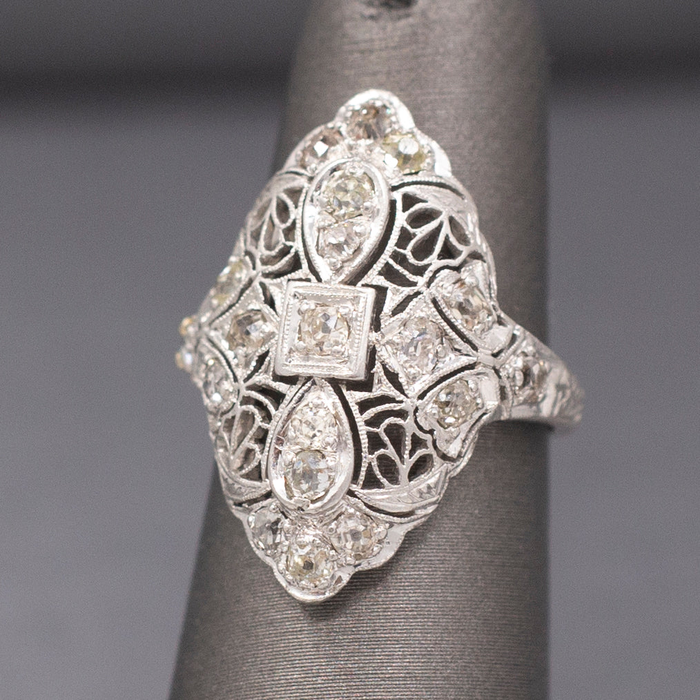 Lacy Art Deco Old Mine Cut Diamond Filigree Navette Ring in Platinum