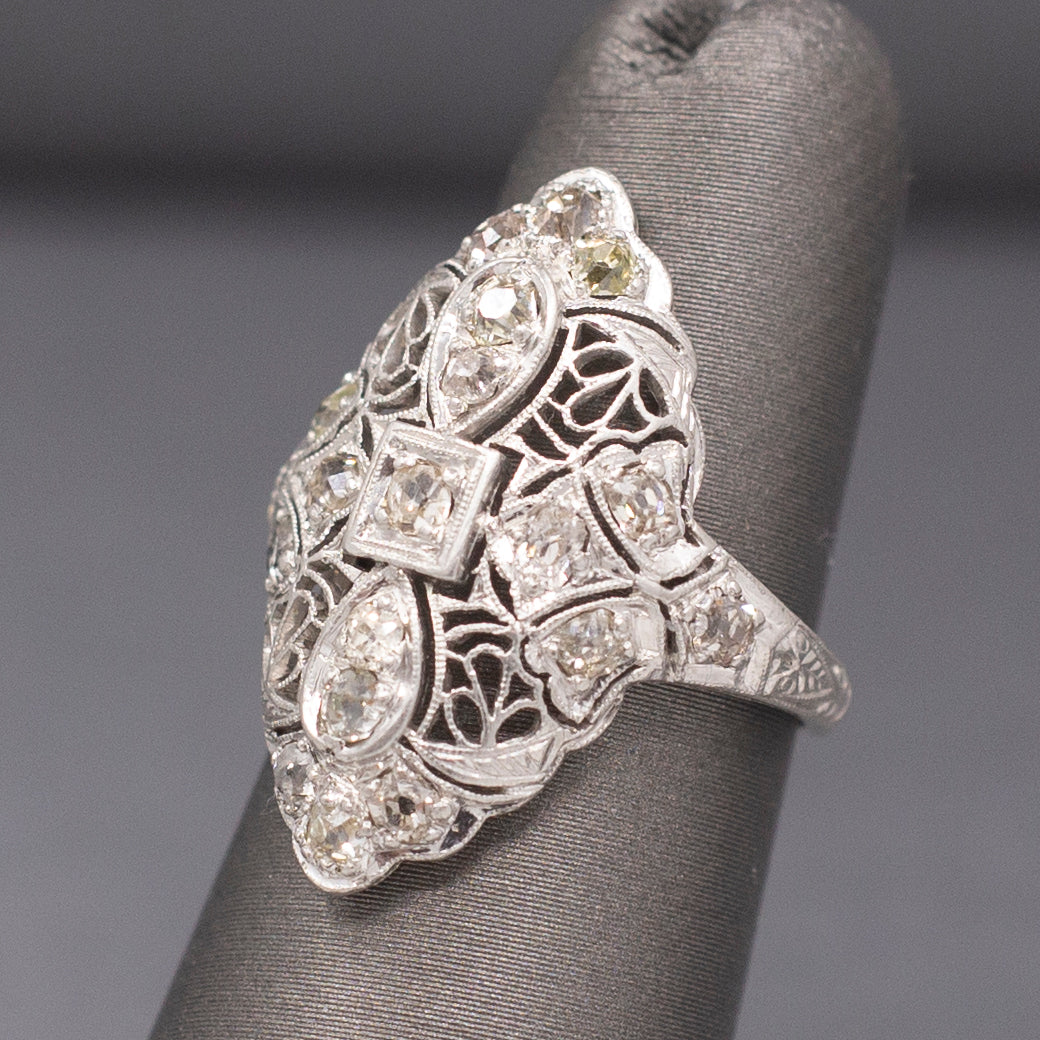 Lacy Art Deco Old Mine Cut Diamond Filigree Navette Ring in Platinum