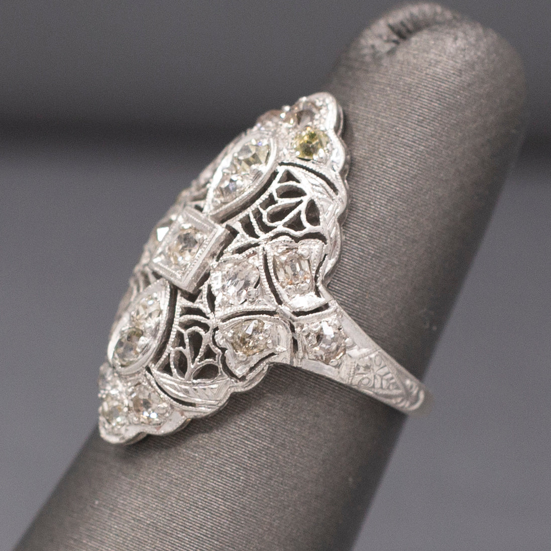 Lacy Art Deco Old Mine Cut Diamond Filigree Navette Ring in Platinum