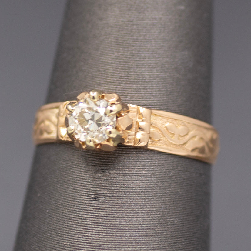 Victorian Old European Cut Diamond Engagement Ring Engraved in 14k Rosy Gold