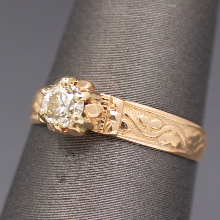 Victorian Old European Cut Diamond Engagement Ring Engraved in 14k Rosy Gold