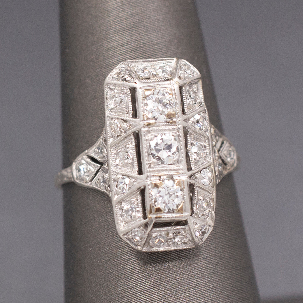 Excellent Art Deco Three Stone Elongated Cocktail Ring in Platinum
