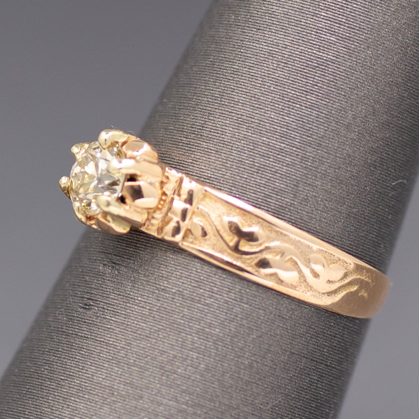 Victorian Old European Cut Diamond Engagement Ring Engraved in 14k Rosy Gold