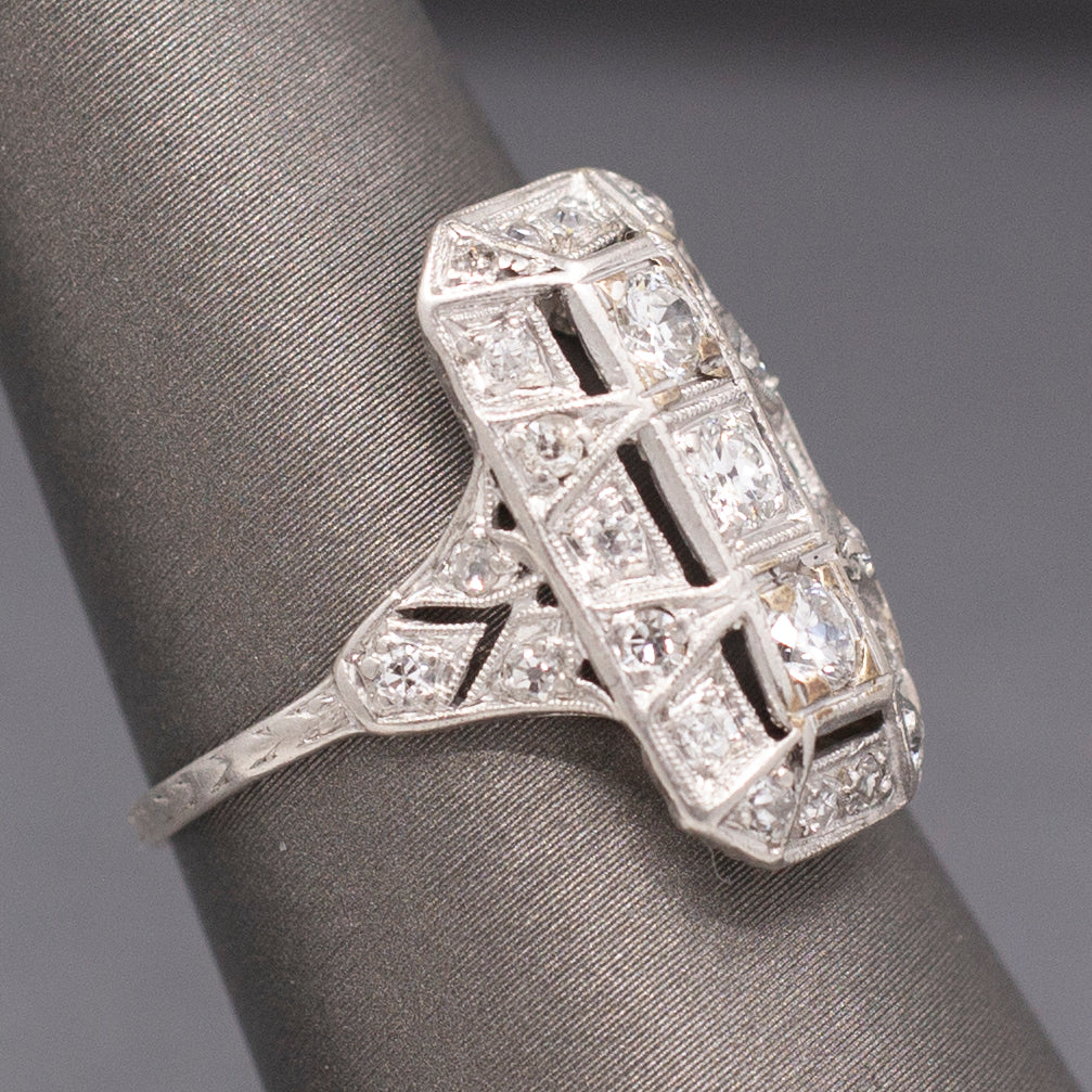 Excellent Art Deco Three Stone Elongated Cocktail Ring in Platinum