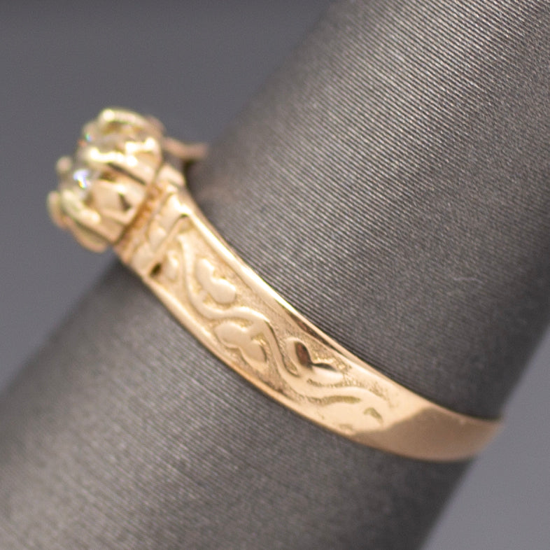 Victorian Old European Cut Diamond Engagement Ring Engraved in 14k Rosy Gold