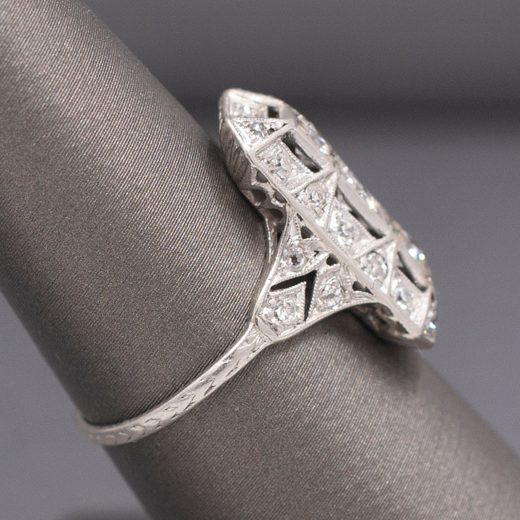 Excellent Art Deco Three Stone Elongated Cocktail Ring in Platinum
